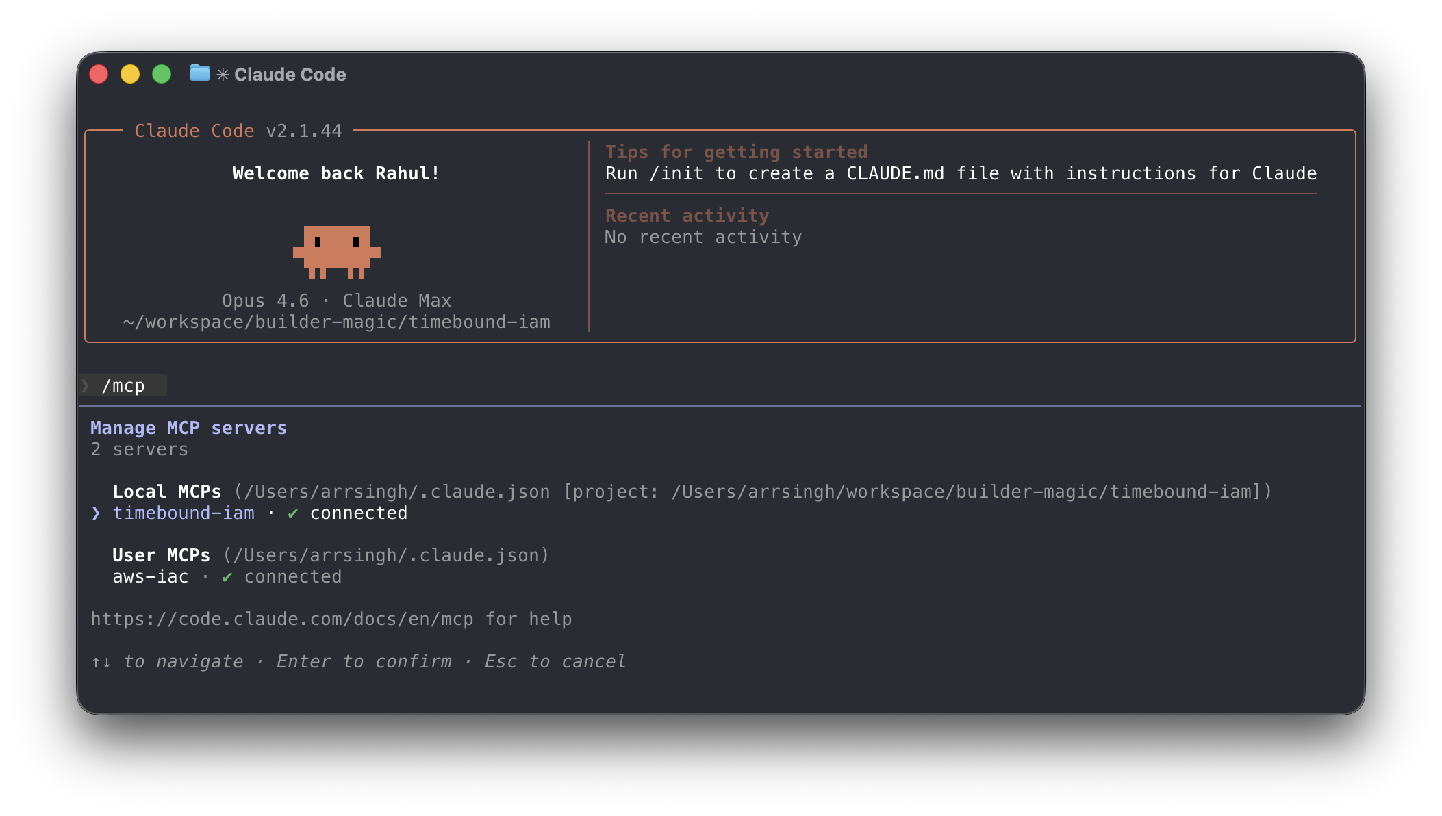 Claude Code showing timebound-iam MCP server registered via /mcp command