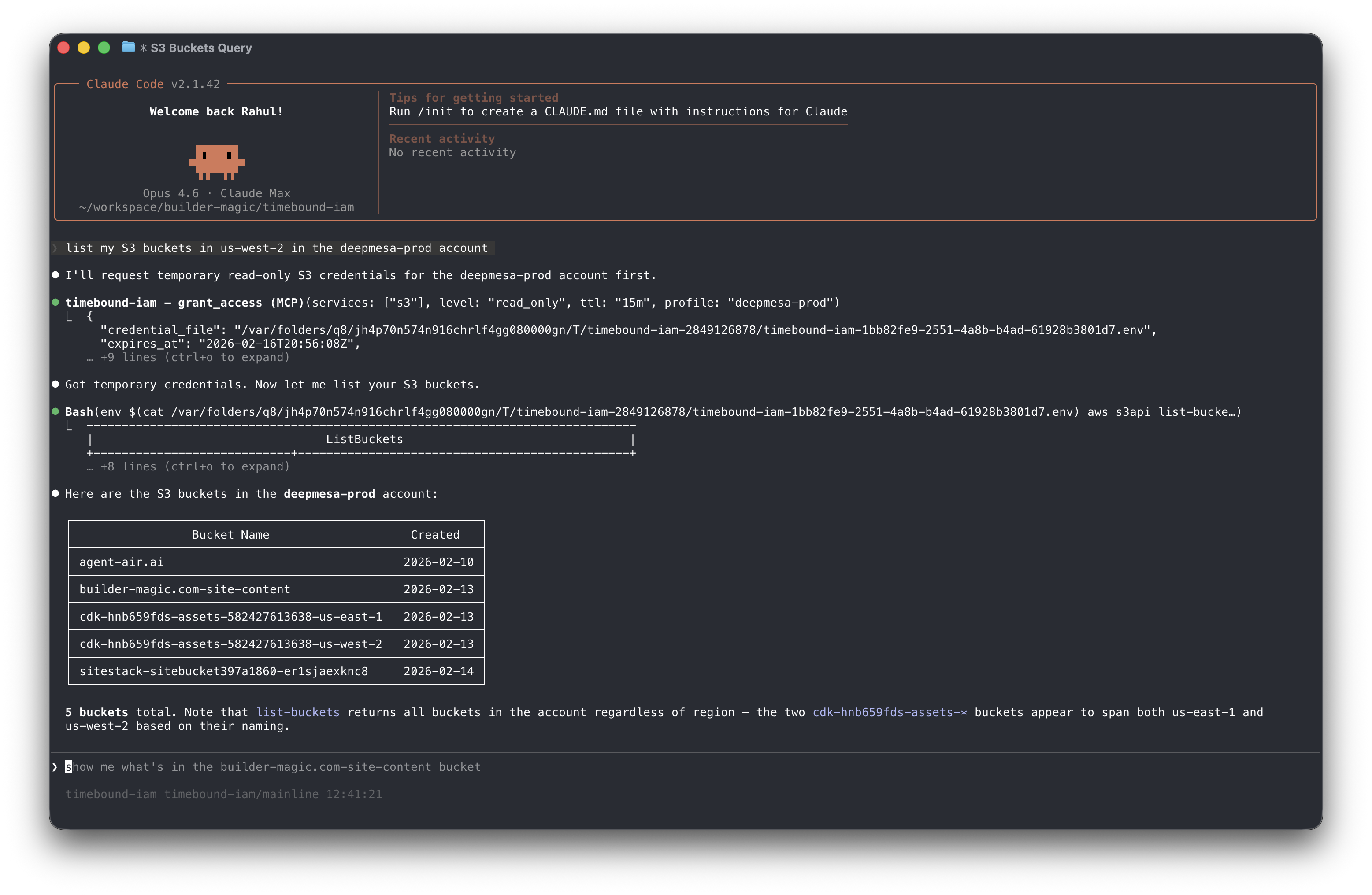 Claude Code using timebound-iam to request AWS credentials